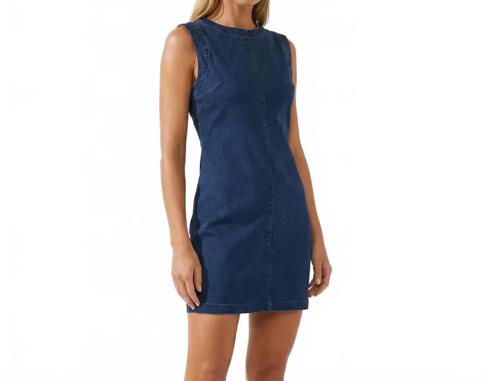 NEW NAKED ZEBRA sleeveless seam detail denim shift dress in dark blue
